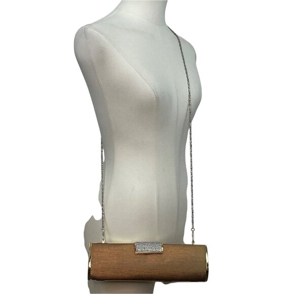 Gold Cylinder Clutch Purse With Rhinestone Clasp Closure & Chain Strap Sz S - Picture 2 of 9